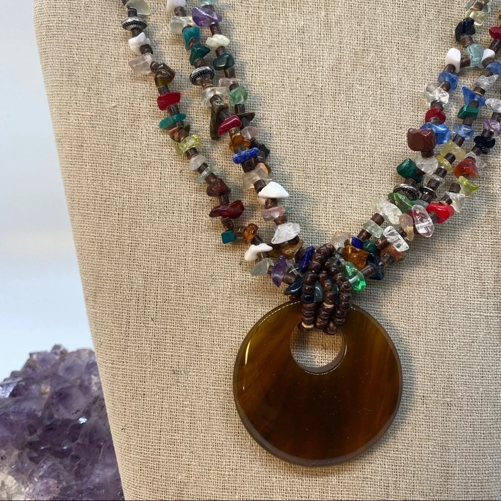 Multicolored Bead Necklace with Pendant-3 Strands